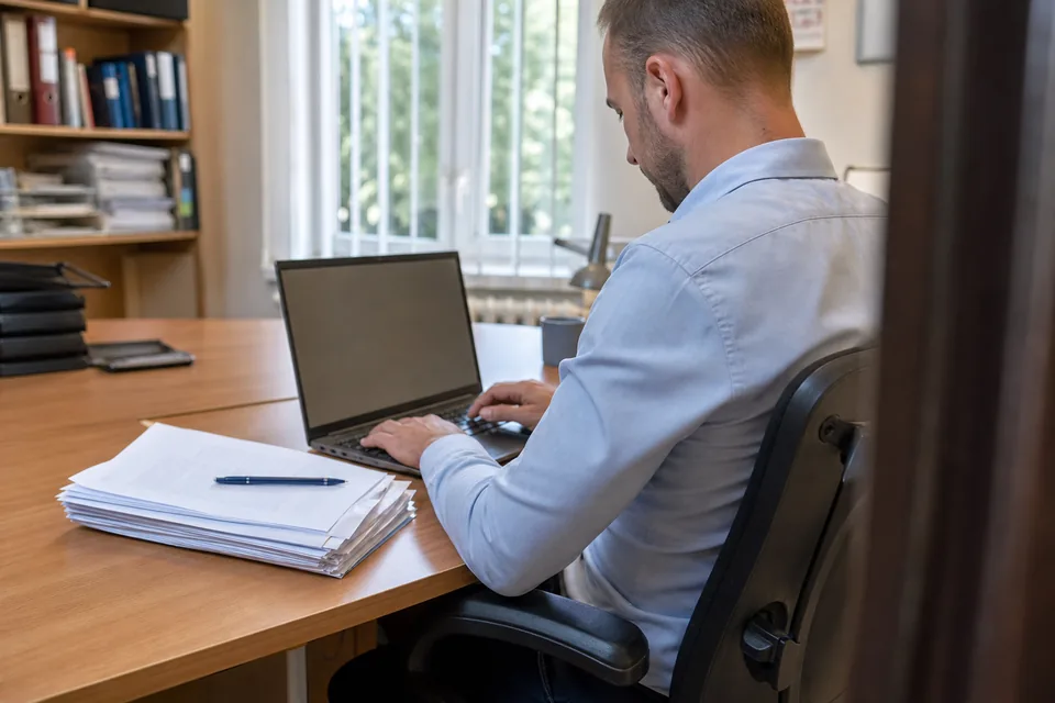 Przedsiębiorca przy laptopie z plikiem dokumentów na biurku w biurze